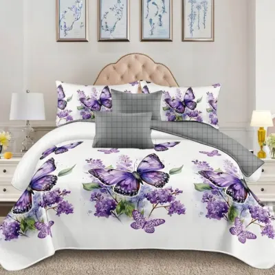 Lenjerie pat dublu cu Elastic - 3 Bucati 219 Lei - - 3 Bucati 219 Lei - Alb Mov flori