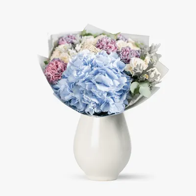 Buchet cu hortensie albastra si garoafe