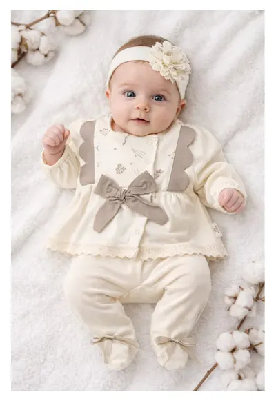Set elegant fete crem 3 piese bluza fundita pantaloni bentita - 0-3 luni - Bumbac - Crem