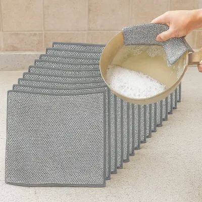 Set 10 lavete din microfibra metalica, abraziva, pentru vase, utilizare umeda si uscata, 20 x 20 cm, argintiu