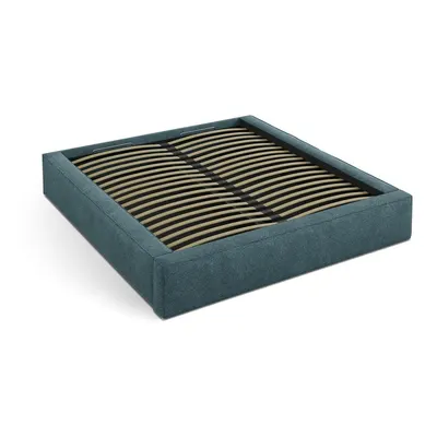 Pat matrimonial albastru tapițat cu spațiu de depozitare cu somieră 200x200 cm Simon – Micadoni