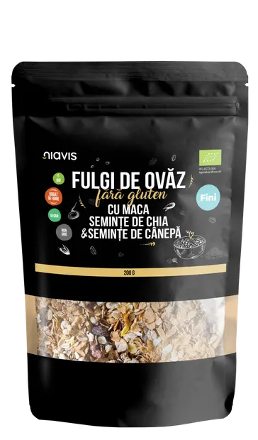 Fulgi de ovaz fini fara gluten cu maca, chia si seminte de canepa Eco, 200g, Niavis