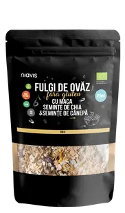 Fulgi de ovaz fini fara gluten cu maca, chia si seminte de canepa Eco, 200g, Niavis