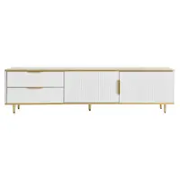 Mobilă TV joasă cu textură sculptată, mânere și picioare aurii, structură cu efect de marmură pentru living, 175x40x45 cm, albă