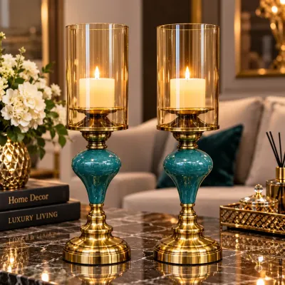 Set 2 Sfeșnice Decorative Premium cu Sticlă Amber și Accente Turcoaz-Aurii – Înălțime 38 cm