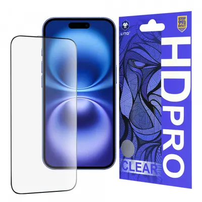 Folie de protectie Ecran Lito HD Pro Clear pentru Apple iPhone 16, Sticla Securizata, Full Glue, Neagra