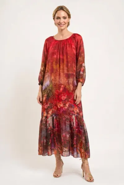 Rochie lunga din matase si vascoza, cu imprimeu floral artistic, rosie