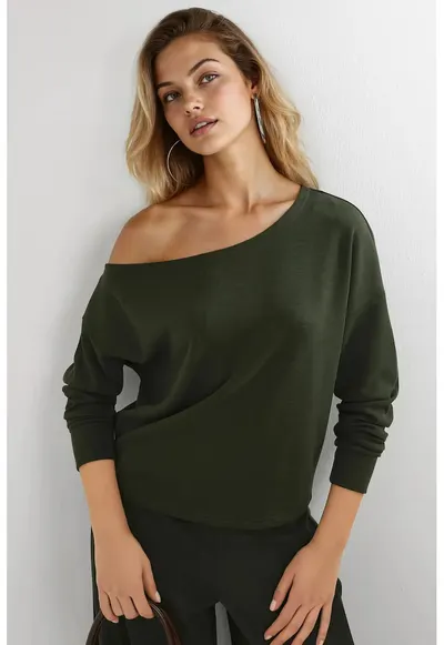 Hanorac femei - guler asimetric - croiala relaxata - verde padure - textil