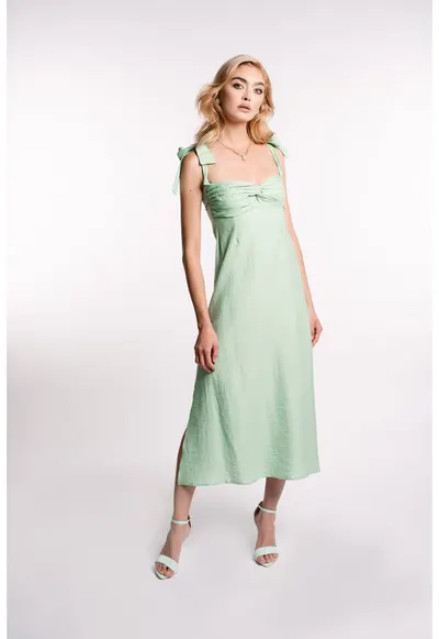 Rochie midi din in cu bust fronsat - Verde