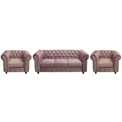 Set CHESTERFIELD 3-1-1, canapea extensibila 3 locuri si 2 fotolii fixe, roz prafuit