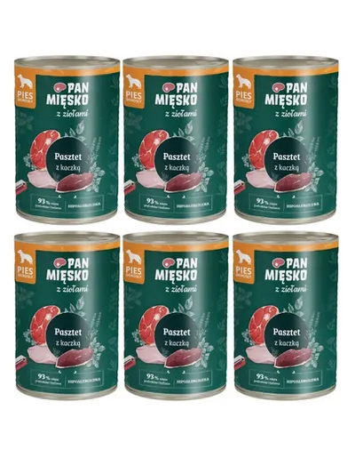 Hrană umedă câini adulți PAN MIĘSKO pate rață 400g hipoalergenică cu ierburi 6x400 g