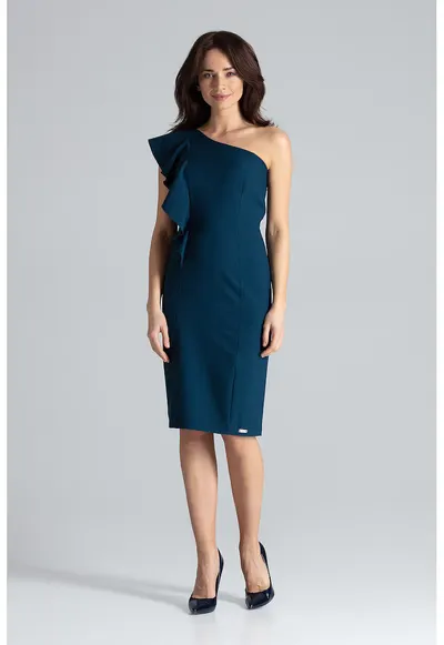 Rochie asimetrica K488 - cu volane - albastru - poliester 100%