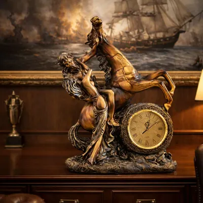 Ceas decorativ statueta – Cuplu romantic si cal cabrat, stil clasic elegant, 63 x 47 cm