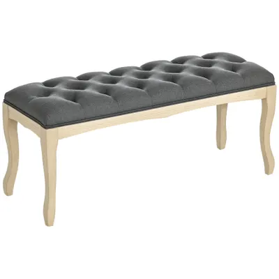 HOMCOM Bancă capitonată stil clasic 110 cm, capăt de pat tapitat cu in, picioare din lemn de hevea sculptat, Lin Gri | Aosom Romania