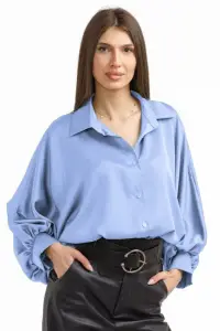 Camasa eleganta din satin, cu maneci bufante, bleu