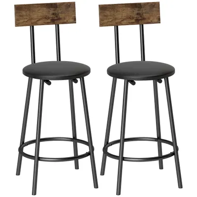 HOMCOM Set de 2 taburete de bar cu spătar și suport pentru picioare, tapițate în PU 41x47x92 cm Negru | Aosom Romania