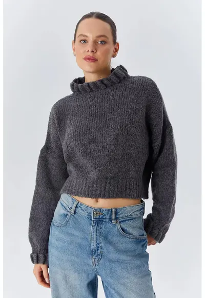 Pulover dama - Scurt - Gri inchis - Tricot
