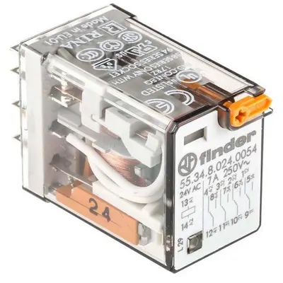 Releu de uz general 7A, buton de test blocabil + LED (C.A.) + indicator mecanic Finder 55.34.8.024.0054