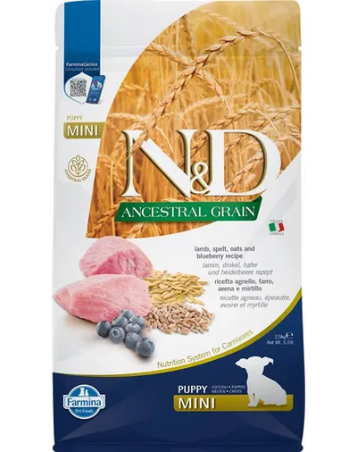FARMINA N&amp;D Low Grain Puppy Mini Hrana uscata catei talie mica, cu miel si afine 2.5 kg