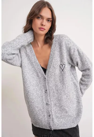 Cardigan tricotat - supradimensionat - decolteu in V - gri