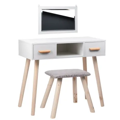 Masa de toaleta Alva, stil scandinav, scaun si oglinda de perete, doua sertare, compartiment depozitare