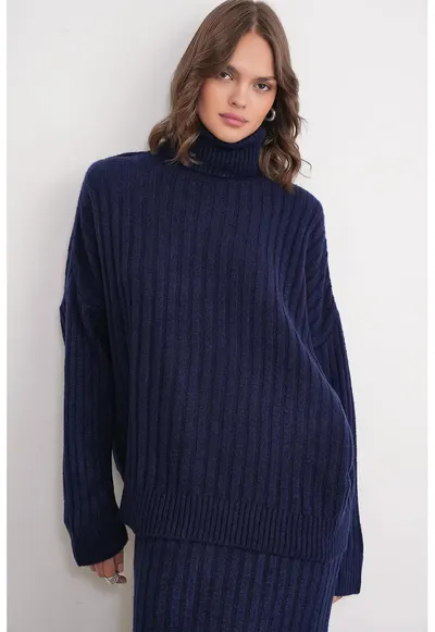 Pulover dama - Guler inalt - Tricot - Bleumarin