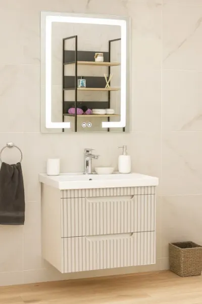Set Baza front MDF cu Lavoar si Oglinda cu iluminare LED, seria 733, suspendata, cu sertare, montat, 60 cm, crem