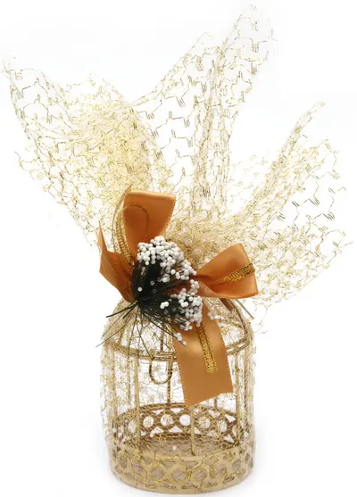 Cușcă metalică pentru păsări Em Art - Decorat bogat, 5.5 x 9.7 cm, auriu