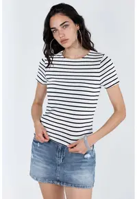 Tricou dama - tricou din bumbac cu dungi - alb - maneca scurta - regular fit -