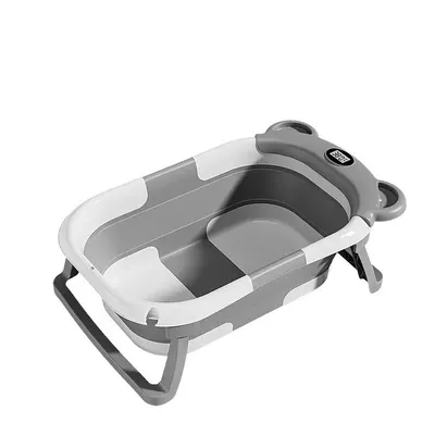 Cadita bebelusi ultrapliabila Little Mom Bear Grey, cu pernuta moale detasabila, termometru incorporat, display digital,suport cap de dus, sistem de agatare, dop pentru evacuarea apei, material non-toxic