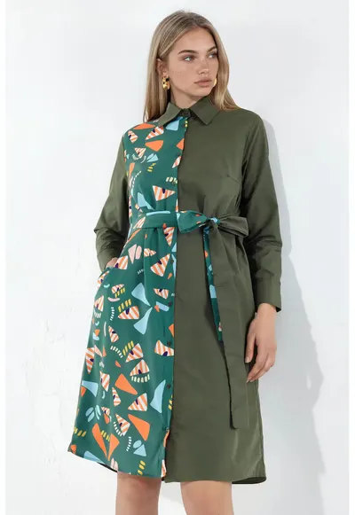 Rochie tip camasa mini - multicolor - detaliu snur - poplin tesut