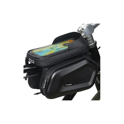 Geanta impermeabila pentru bicicleta, fixare pe cadru, 2 compartimente laterale, pentru telefoane de pana la 7.2 inch, negru
