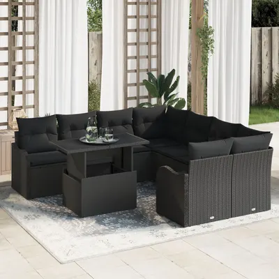Set de canapea gradina cu 9 piese cu perne ratan poly negru Gossi, canapea de gradina cu 2 locuri cu perne ratan poly negru Gossi