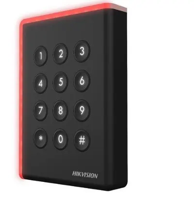 Cititor card cu tastatura Hikvision DS-K1108AMK, citeste carduri Mifare 13.56 MHz, distanta citire: ≤ 50 mm, comunicare: RS-485