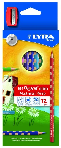 Creioane colorate LYRA Groove Slim + ascuțitoare triunghiulară, 12 culori, ambalaj din carton
