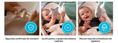 Balansoar ergonomic pentru copii Kidnort Moln Black, cu centura de siguranta, bara cu jucarii detasabila, spatar ajustabil, pliabil si usor de transportat