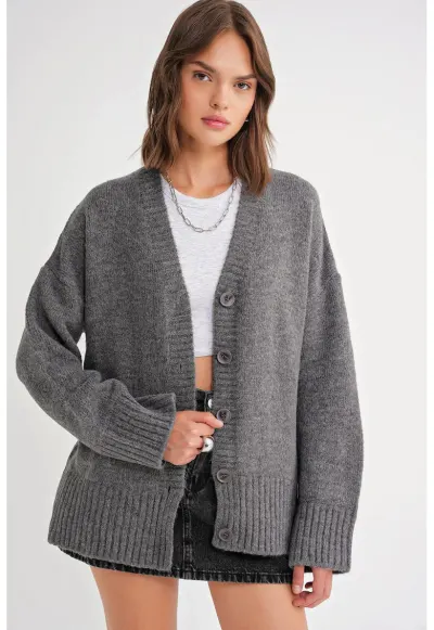 Cardigan dama - decolteu in V - gri inchis - tricot