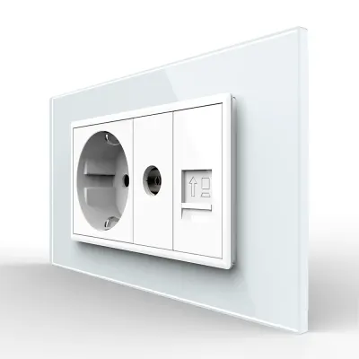Priza Dubla Livolo cu Rama din Sticla 1 Priza Schuko+TV/internet, Standard Italian – Serie Noua