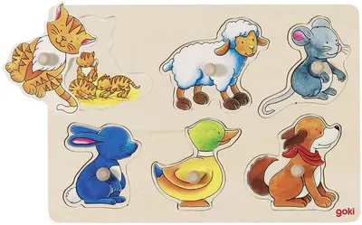 Puzzle din lemn cu manere Goki - Animale domestice, cu imagini ascunse