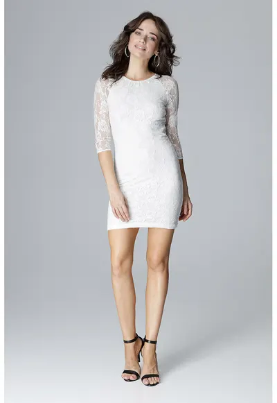 Rochie midi - dantela - creion - ecru - poliester 95% - elastan 5%
