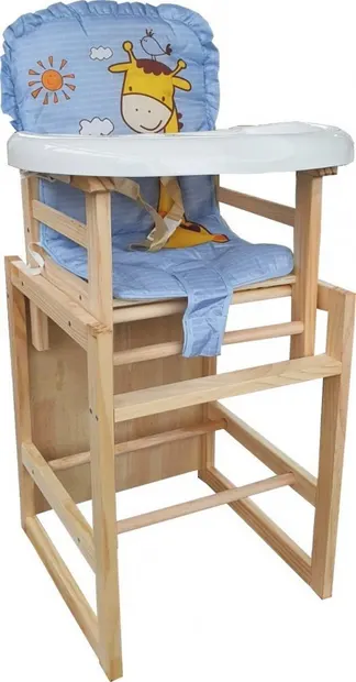 Scaun de masa pentru copii si bebe Novokids Wooden Table Chair Albastru transformabil in masuta, din lemn masiv, centura de siguranta, sezut detasabil, masuta detasabila