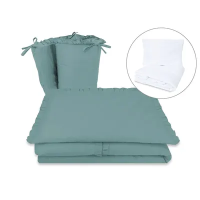 Lenjerie patut cu 5 piese, MimiNu, Pentru patut 120x60 cm, Cu volanase, Cu pilota si perna, Din bumbac certificat Oeko Tex Standard 100, Colectia Royal, Nepal Green