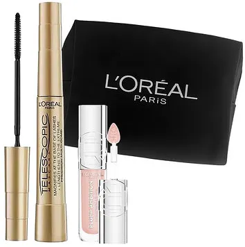 Set L'Oréal - Rimel pentru gene Telescopic, 8 ml + Ulei pentru buze, 201 Milky Nu, 5 ml