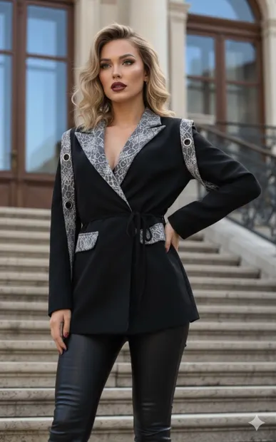 Sacou negru elegant cu inserE, ºii din dantelAƒ E, i cordon