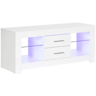 HOMCOM Comodă TV Modernă 55" cu LED RGB (12 Culori), Telecomandă Inclusă, Lemn cu Etajere din Sticlă, Dimensiune 120x40x50cm, Alb | Aosom Romania