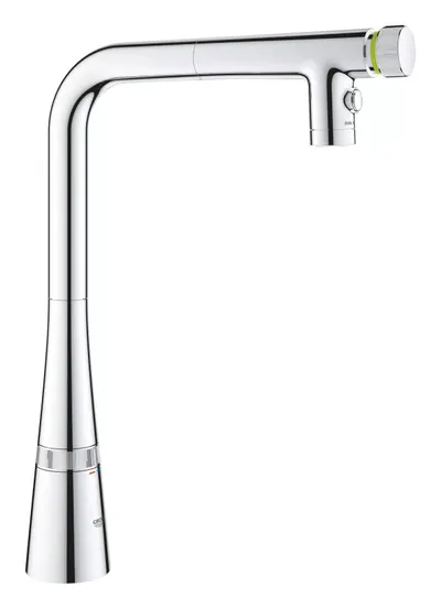 Baterie bucatarie Zedra 31886000, inalta, tip L, dus, 2 functii, dubla comanda, Crom