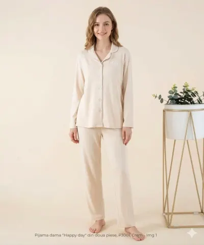 Pijama dama "Happy day" din doua piese, PJ001, Crem