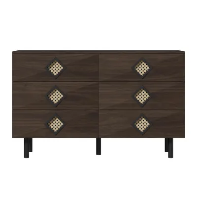 Masă de machiaj cu 6 sertare, mânere din ratan, spațiu mare de depozitare, pentru dormitor și living, 120x40x74,5 cm, Culoare naturală