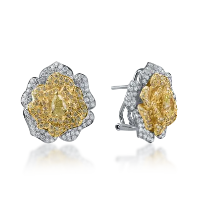 Cercei floare din aur alb-galben cu diamante galbene si incolore round si pear de 2.6ct