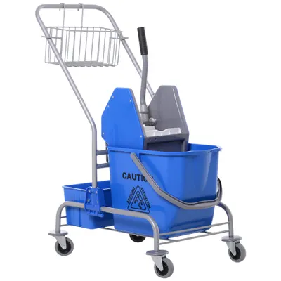 HOMCOM Cărucior Profesional de Curățenie cu Coș Suspendat, Raft și Găleată de 25L cu Storcător, 72x49,5x95 cm, Albastru | Aosom Romania